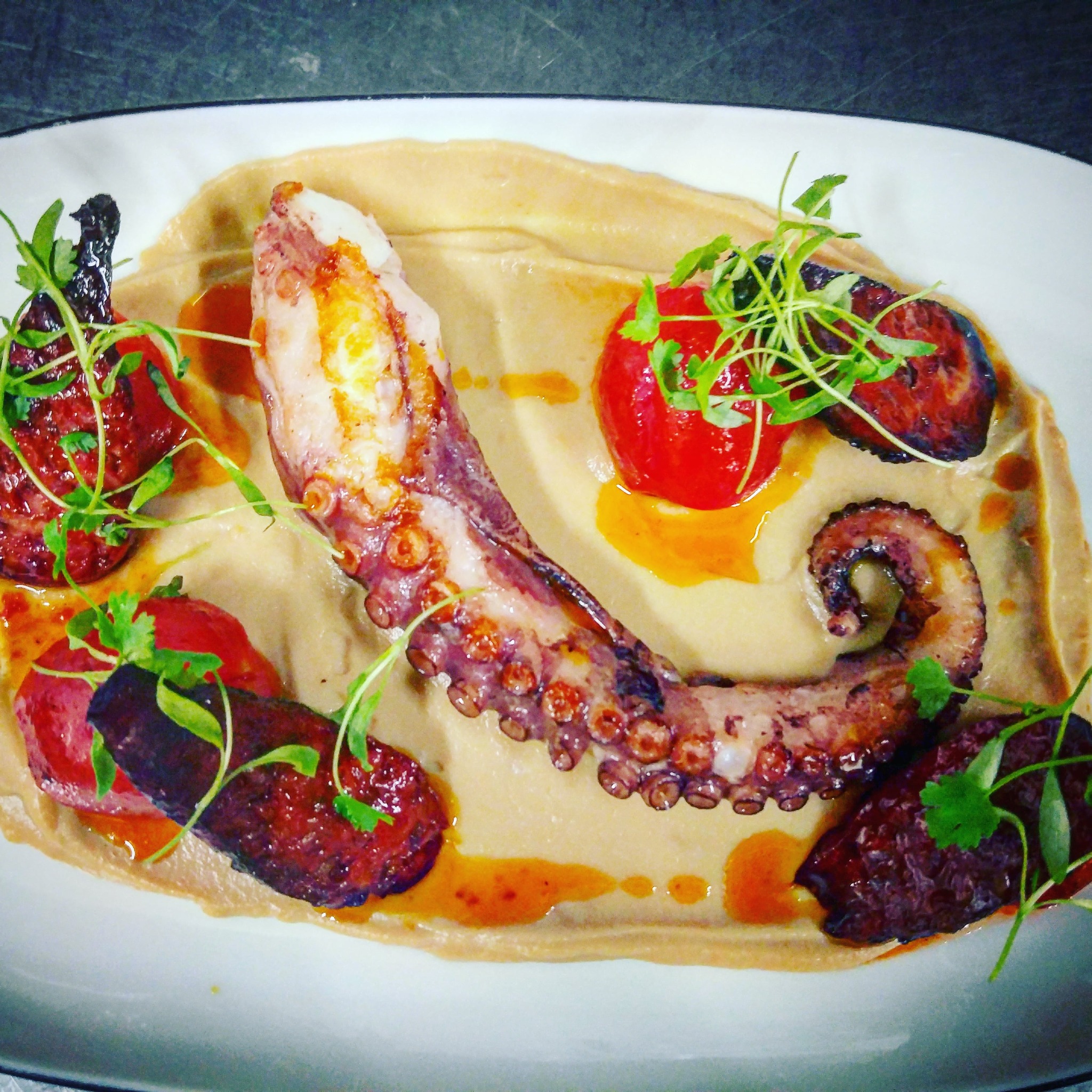 Wykwintne danie z ośmiornicy z grilla, podane na kremowym puree z dodatkiem pomidorów, chorizo i świeżych ziół, serwowane przez catering we Wrocławiu.