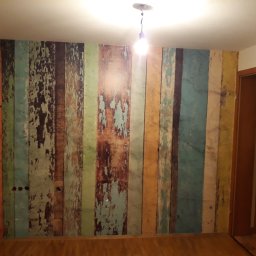 Dominik Hanek - Ściana z fototapetą imitującą stare deski w różnych kolorach, widoczne gniazdka elektryczne, drewniana podłoga, oświetlenie górne.