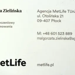 Wizytówka agenta ubezpieczeniowego Małgorzaty Zielińskiej z Agencji MetLife TUnŽIR S.A., zawierająca adres, numer telefonu i adres e-mail.