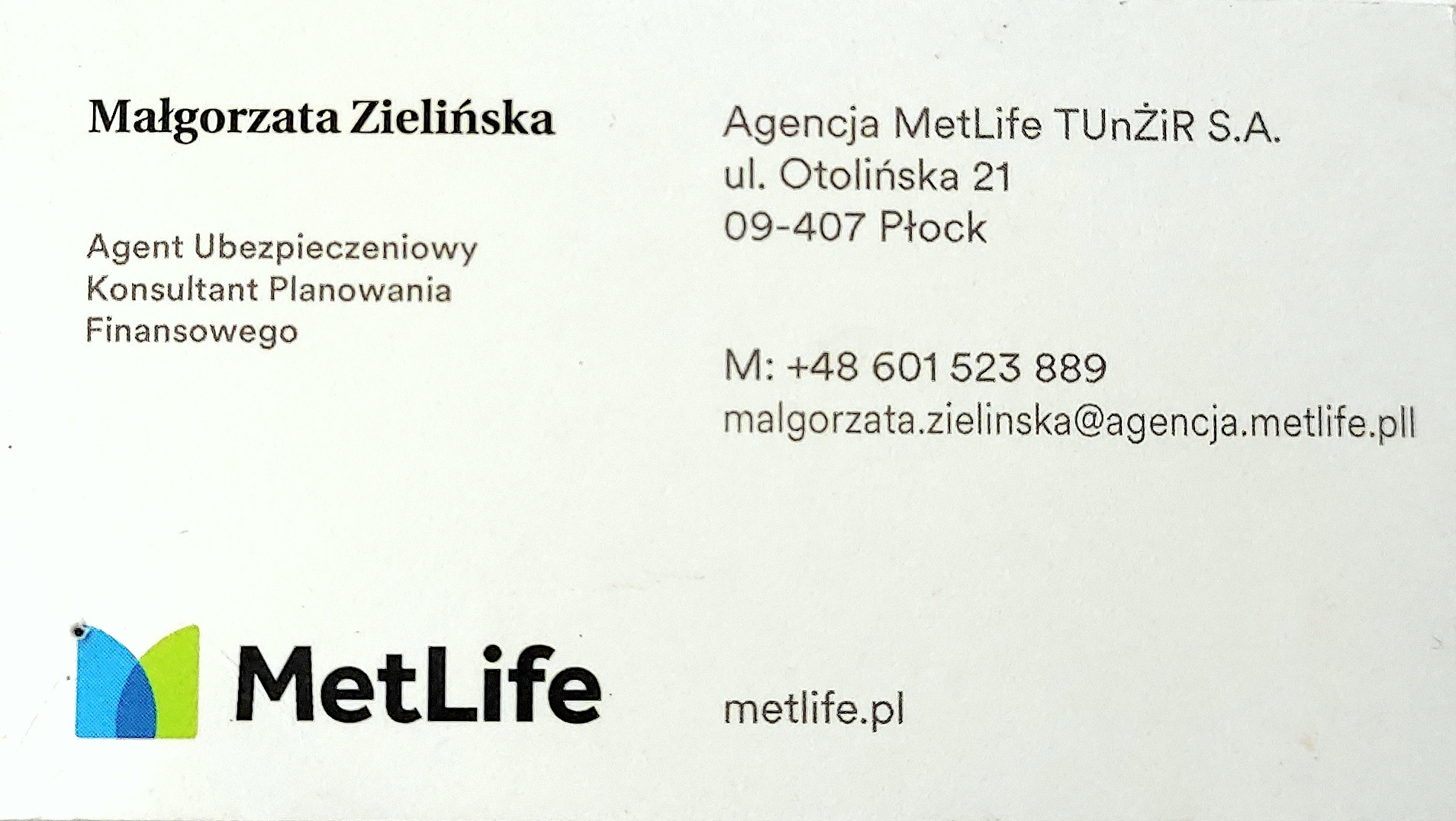 Wizytówka agenta ubezpieczeniowego Małgorzaty Zielińskiej z Agencji MetLife TUnŽIR S.A., zawierająca adres, numer telefonu i adres e-mail.