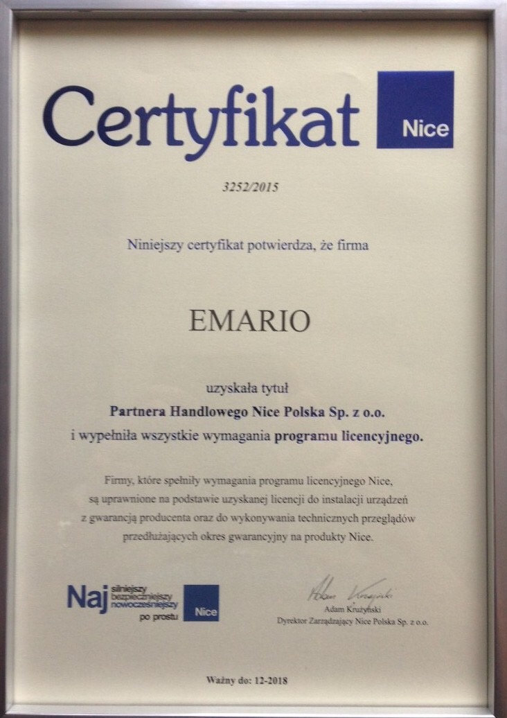 Certyfikat firmy EMARIO jako Partnera Handlowego Nice Polska Sp. z o.o. w ramce.