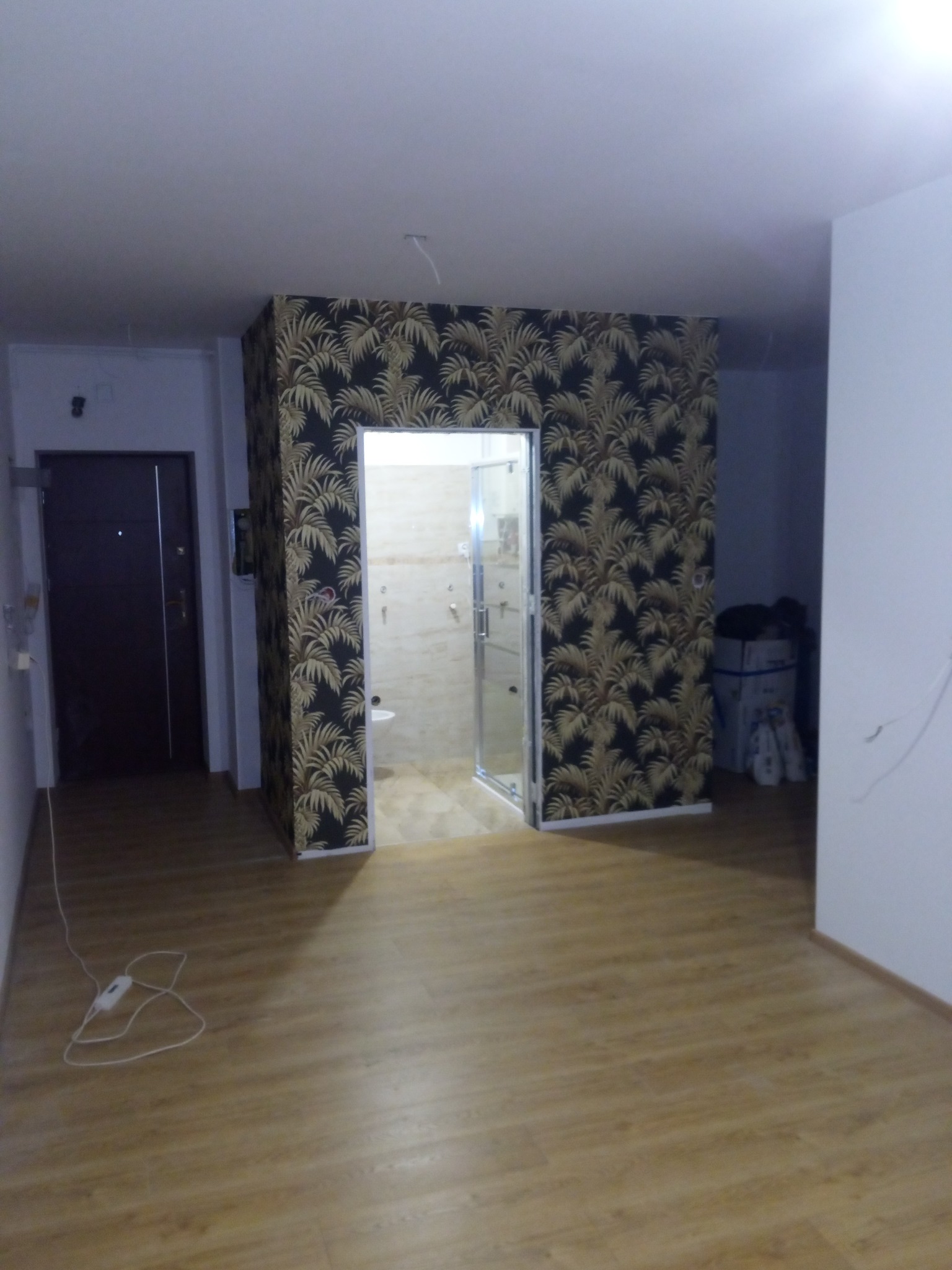 Pokój po remoncie z nową tapetą w palmy na ścianie z wejściem do łazienki, widoczna podłoga laminowana i drzwi wejściowe.