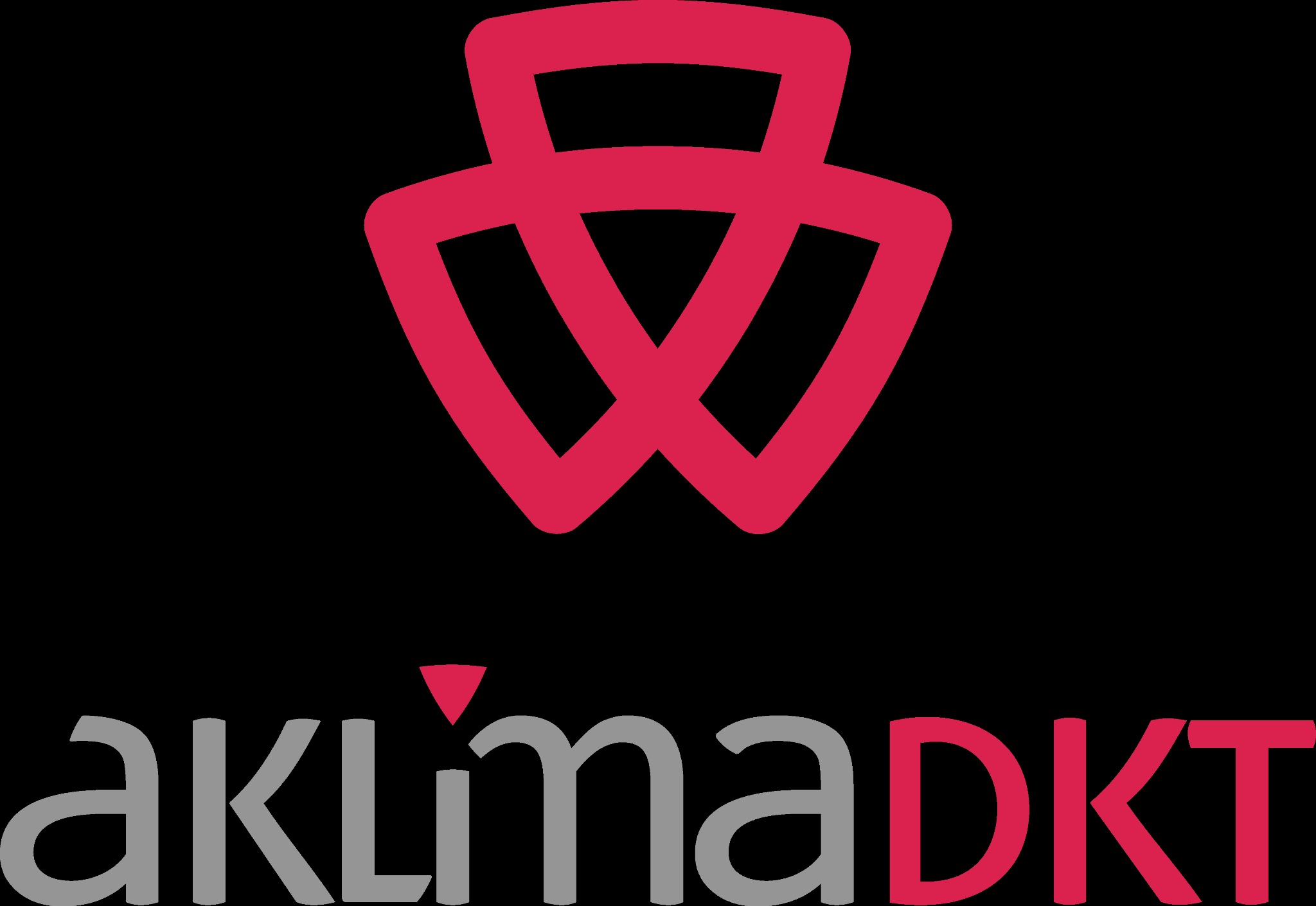 Logo firmy 'aklimaDKT' z abstrakcyjnym symbolem powyżej nazwy, na czarnym tle. Nazwa firmy w kolorach szarym i czerwonym.