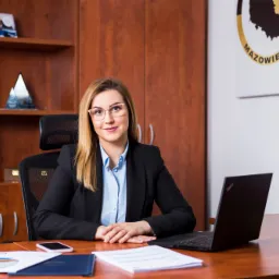 Portret kobiety w okularach, siedzącej za biurkiem w biurze, z laptopem, telefonem i dokumentami, w tle regał z dekoracjami i grafika z mapą Mazowsza.