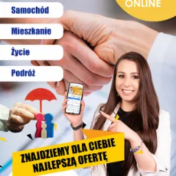 Kobieta w białej marynarce prezentuje ofertę ubezpieczeniową na smartfonie, obok ikony rodziny pod parasolem, logo IZI ubezpieczenia, sloganu 'Znajdziemy dla ciebie najlepszą ofertę' oraz logotyp&oacute;w...