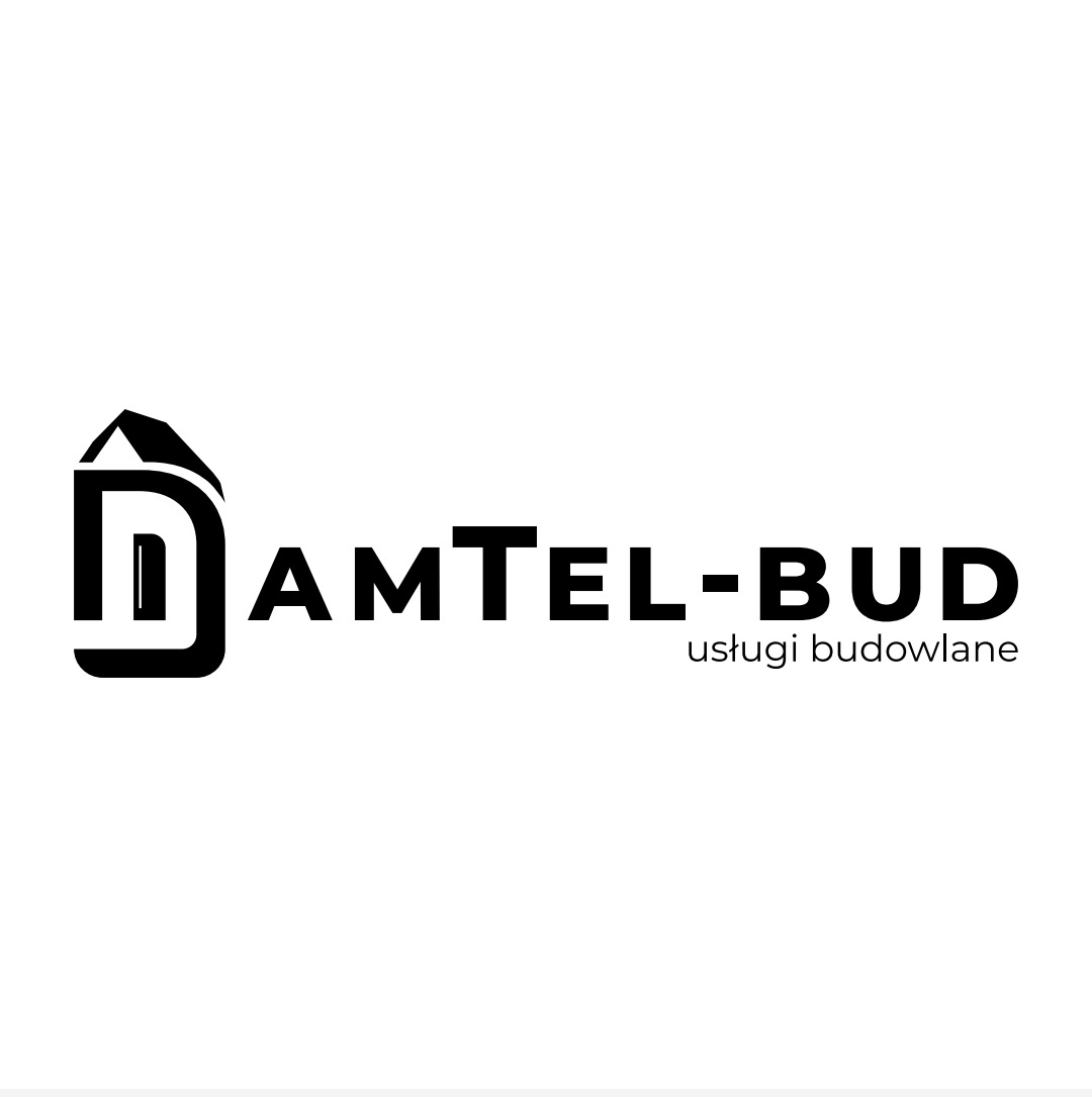 Logo firmy AMTel-BUD, czarno-białe, z symbolem domu wkomponowanym w literę 'D', pod spodem napis 'usługi budowlane'.