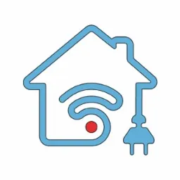 Niebieski kontur domu z symbolem Wi-Fi wewnątrz i wtyczką sieciową po prawej stronie, czerwona kropka w centrum ikony Wi-Fi, na białym tle.