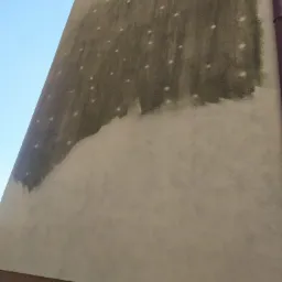 Fragment ściany budynku z widocznym efektem czyszczenia: górna część brudna, pokryta zielonym nalotem i białymi kropkami, dolna część czysta, w jasnym odcieniu.