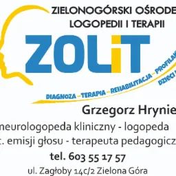 Logo Zielonogórskiego Ośrodka Logopedii i Terapii 'ZOLIT' z sylwetką profilu twarzy i adresem Grzegorza Hryniewicza, neurolopedy klinicznego z Zielonej Góry.