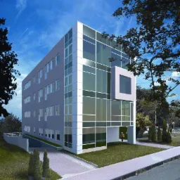 Wizualizacja budynku biurowego z przeszkloną fasadą, widok z poziomu chodnika, osoba w kasku w przejściu pod budynkiem.