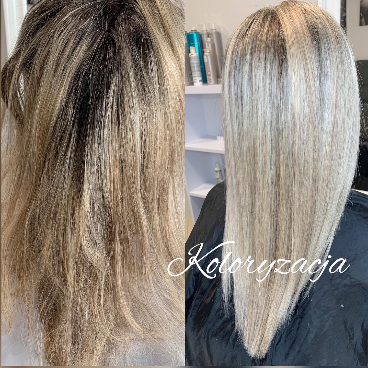 Porównanie włosów przed i po koloryzacji: odrosty i nierównomierny blond po lewej, jednolity chłodny blond po prawej, widoczny napis 'Koloryzacja'.