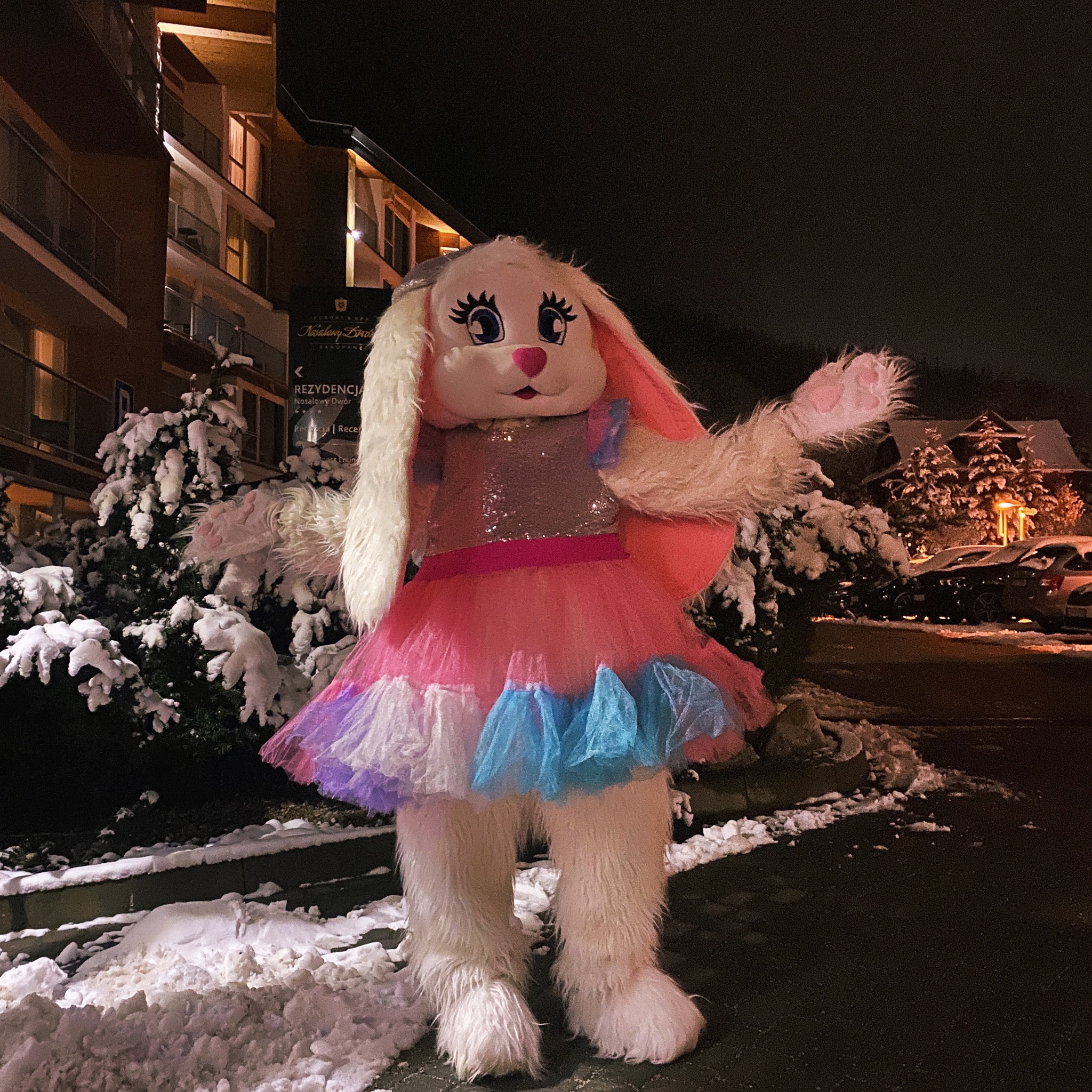 Postać w kostiumie pluszowego królika w tiulowej sukience, w zimowej scenerii, na tle ośnieżonych drzew i budynków. Nocne oświetlenie.