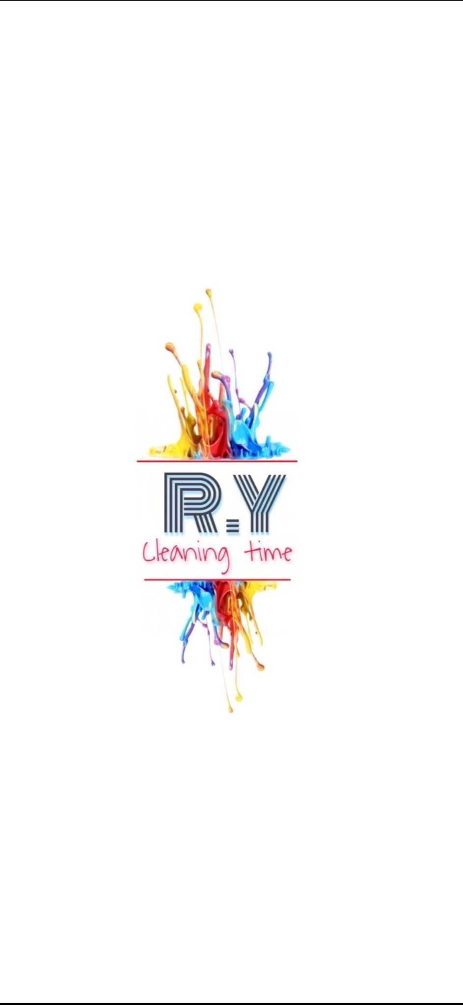 Logo firmy sprzątającej 'R.Y Cleaning time' z abstrakcyjnym motywem kolorowych rozprysków farby nad i pod nazwą.