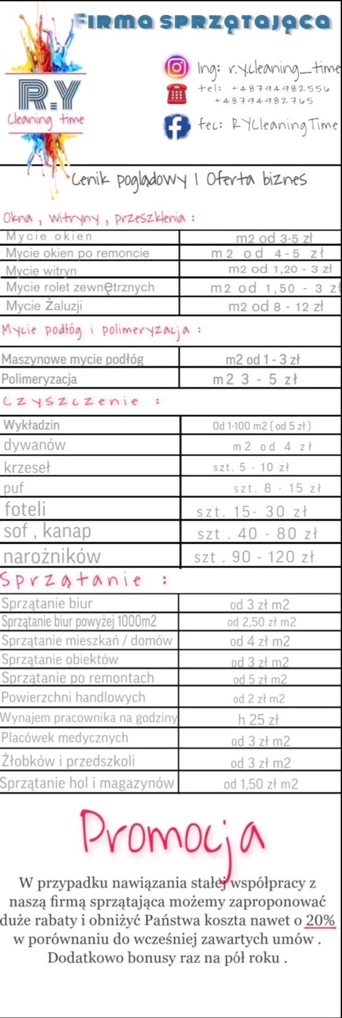 Cennik usług firmy sprzątającej, obejmujący mycie okien, sprzątanie po remontach, sprzątanie biur, pranie dywanów i inne usługi, z podanymi cenami za metr kwadratowy lub sztukę, oraz informacją...