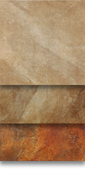 Próbki płytek ceramicznych w odcieniach beżu, brązu i rdzawego brązu, ułożone warstwowo, prezentujące teksturę imitującą kamień.