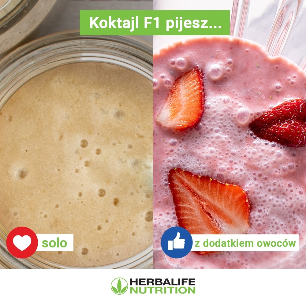 Porównanie koktajlu F1 Herbalife: kremowy w słoiku z napisem 'solo' i różowy z truskawkami, prezentowane w Poznaniu.