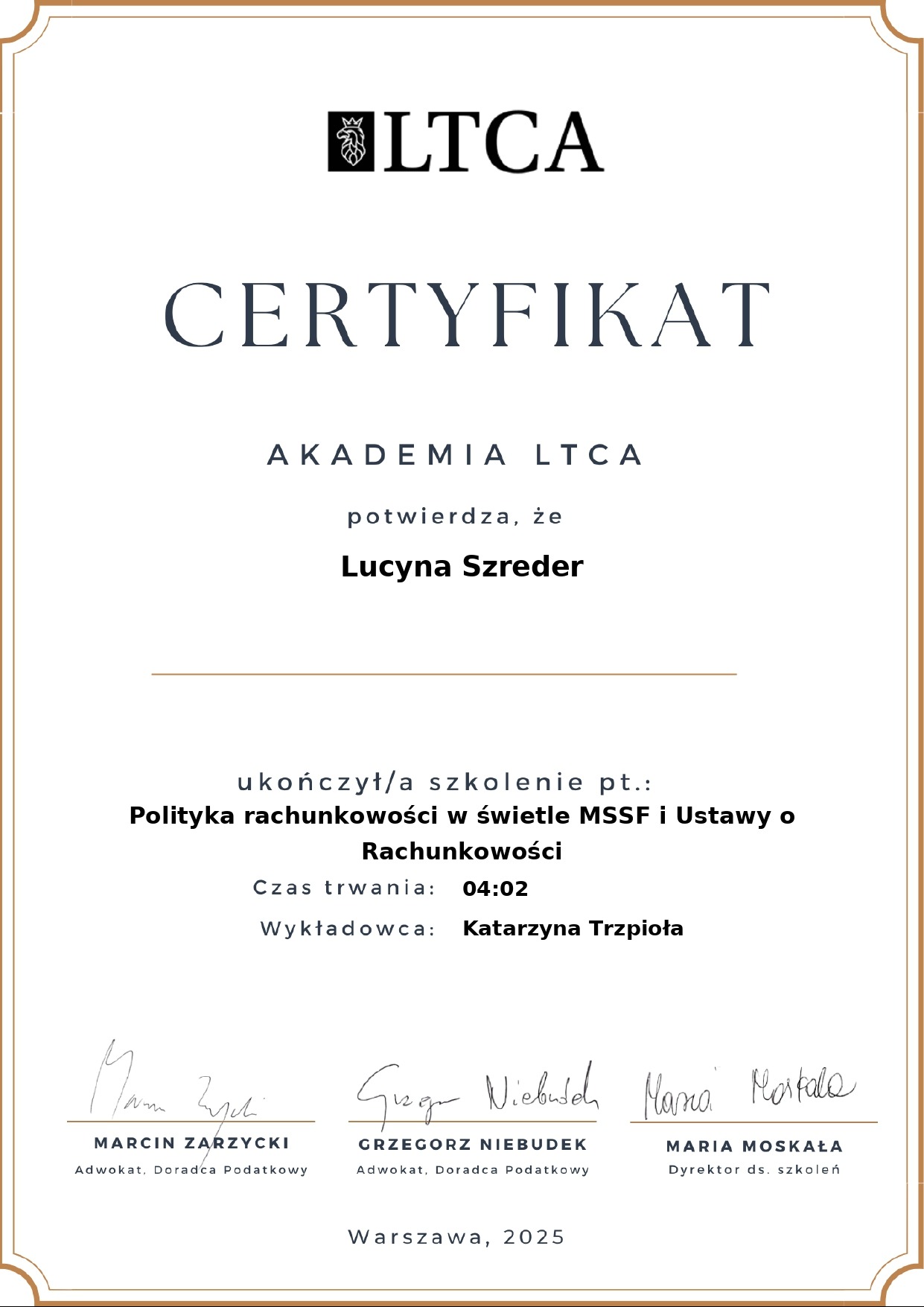 Certyfikat Akademii LTCA dla Lucyny Szreder za ukończenie szkolenia z polityki rachunkowości, podpisany przez Marcina Zarzyckiego i innych. Warszawa, 2025.
