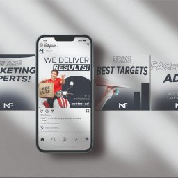 GoodBrain Studio - Mockup reklamy na Instagramie z hasłami 'We are marketing experts', 'We deliver results', 'Using best targets', 'Facebook Ads', prezentujący firmę MTowFi.