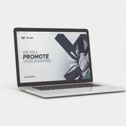 GoodBrain Studio - Laptop wyświetla stronę internetową z hasłem 'We will promote your business' i grafiką uścisku dłoni na tle jasnej szarości.