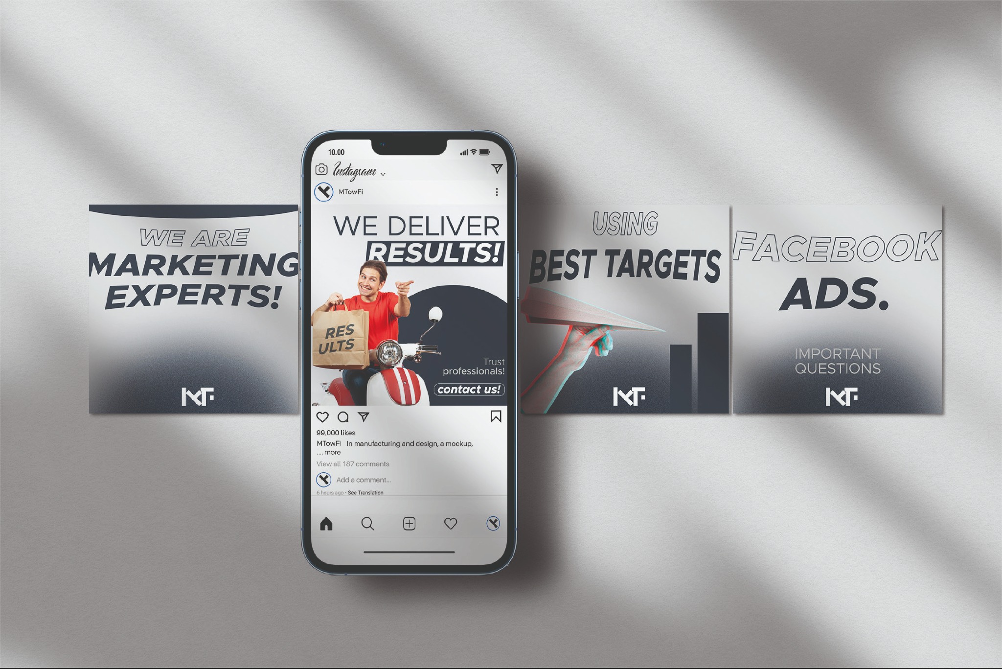 Mockup reklamy na Instagramie z hasłami 'We are marketing experts', 'We deliver results', 'Using best targets', 'Facebook Ads', prezentujący firmę MTowFi.