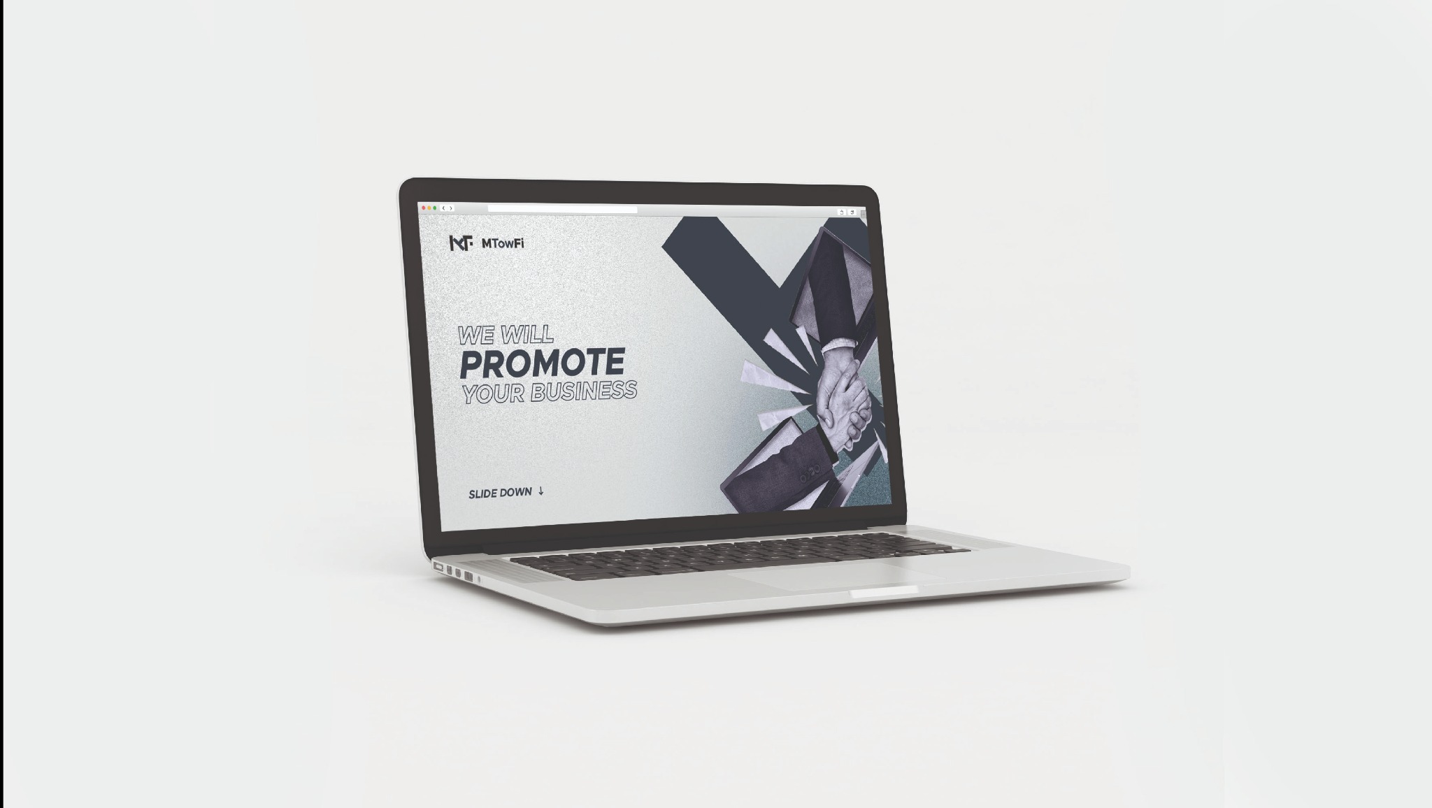 Laptop wyświetla stronę internetową z hasłem 'We will promote your business' i grafiką uścisku dłoni na tle jasnej szarości.