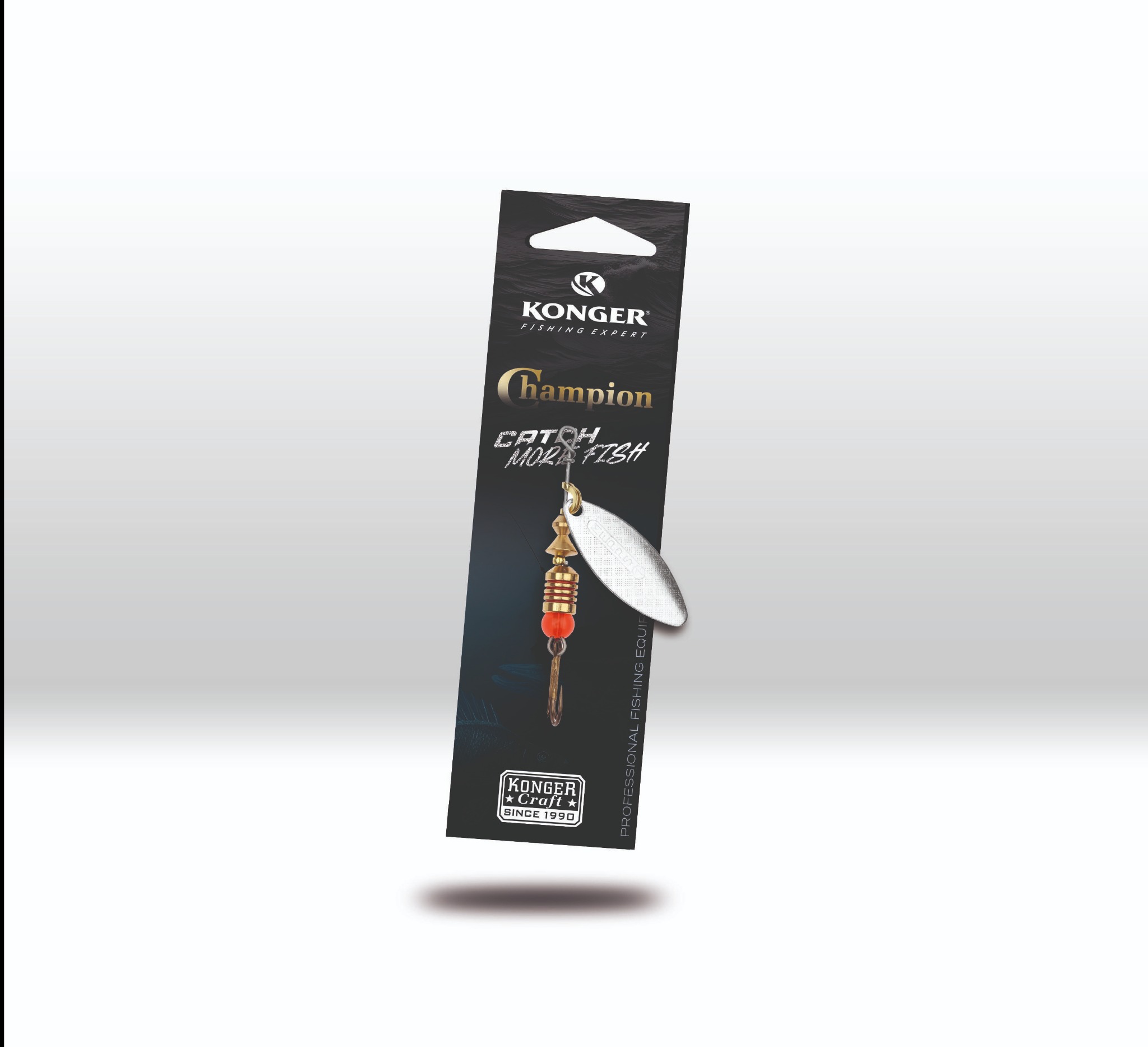 Błystka obrotowa Konger Champion Catch More Fish na firmowym opakowaniu z widocznym haczykiem, pomarańczowymi koralikami i srebrnym ostrzem.