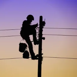 Sylwetka elektryka w kasku pracującego na słupie energetycznym na tle gradientu nieba o zmierzchu, z widocznymi przewodami i narzędziami.