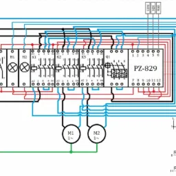 Schemat elektryczny sterownika PZ-829 z zaznaczonymi połączeniami i elementami, w tym silnikami M1 i M2, oraz opisem pinów COM, MIN i MAX.