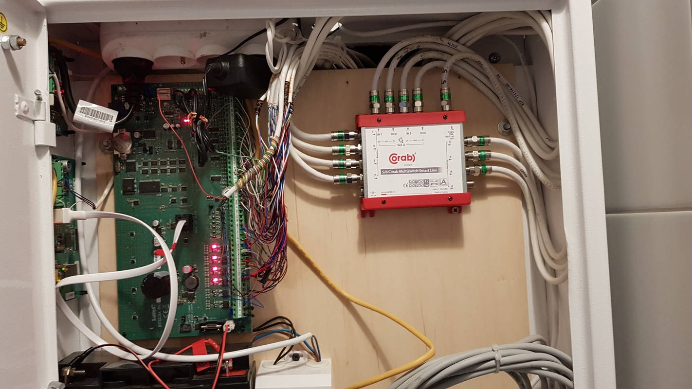 Otwarta skrzynka rozdzielcza z elektroniką, przewodami i multiswitchem Corab 5/8 Smart Line, widoczne płytki drukowane, kable koncentryczne i zasilające, instalacja w trakcie podłączania.