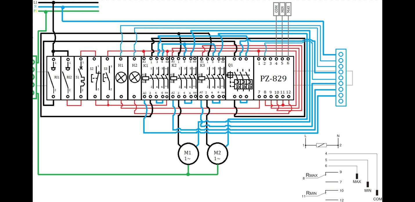 Schemat elektryczny sterownika PZ-829 z zaznaczonymi połączeniami i elementami, w tym silnikami M1 i M2, oraz opisem pinów COM, MIN i MAX.