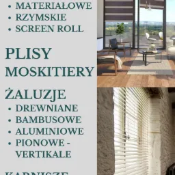 Kompozycja dwóch ujęć: górne przedstawia wnętrze salonu z oknami osłoniętymi poziomymi pasami zaciemniającymi, dolne ukazuje okno z białymi, poziomymi listwami w rustykalnym wnętrzu z kamiennymi...