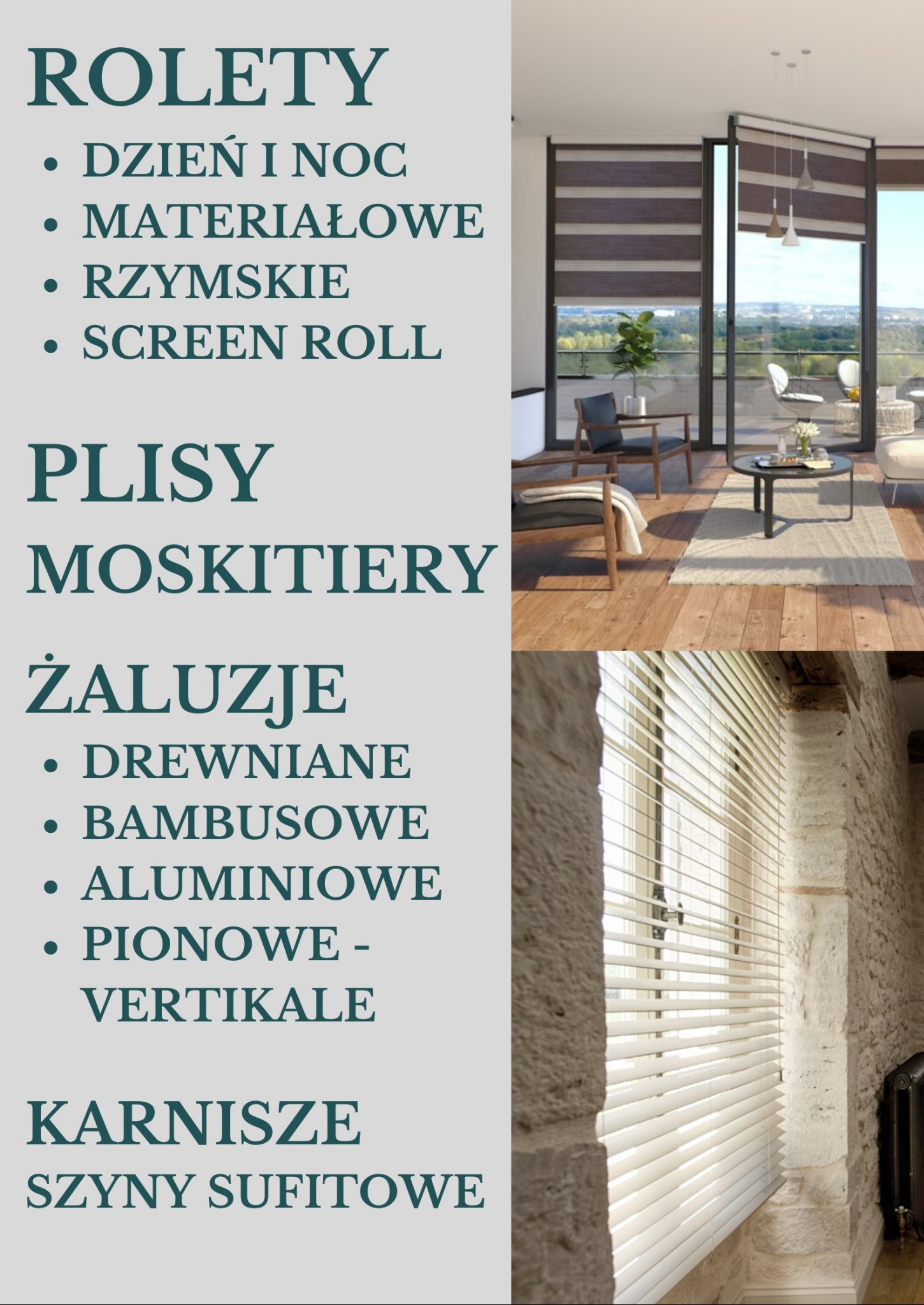 Kompozycja dwóch ujęć: górne przedstawia wnętrze salonu z oknami osłoniętymi poziomymi pasami zaciemniającymi, dolne ukazuje okno z białymi, poziomymi listwami w rustykalnym wnętrzu z kamiennymi...