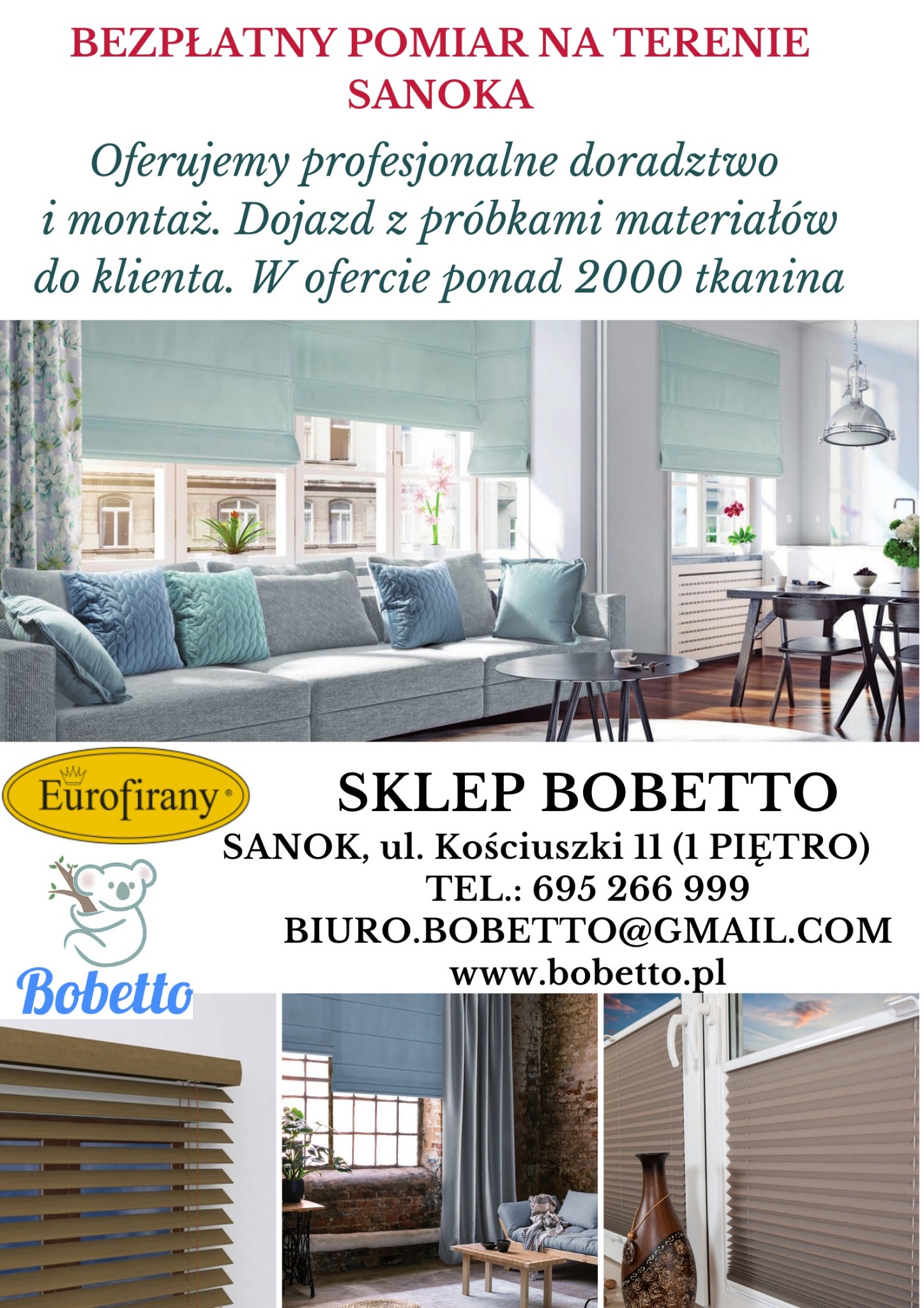 Jasne wnętrze salonu z sofą i poduszkami, okna przesłonięte jasnoniebieskimi tekstylnymi osłonami okiennymi, reklama sklepu Bobetto z Sanoka oferującego bezpłatny pomiar i doradztwo.