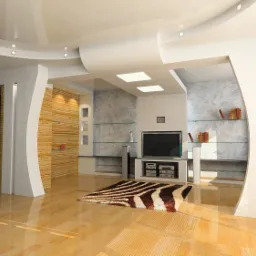 Nowoczesny salon z błyszczącą podłogą, dekoracyjnymi ścianami, sufitem podwieszanym z oświetleniem punktowym i dywanem w zebrę.