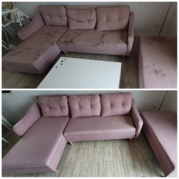 Firma usługowa Róża Bonowicz - Zdjęcie przedstawia różową sofę modułową z widocznymi plamami przed i po czyszczeniu. Górna część zdjęcia ukazuje sofę z wyraźnymi zabrudzeniami na siedzisku i poduszkach, natomiast dolna część...