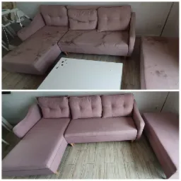 Zdjęcie przedstawia różową sofę modułową z widocznymi plamami przed i po czyszczeniu. Górna część zdjęcia ukazuje sofę z wyraźnymi zabrudzeniami na siedzisku i poduszkach, natomiast dolna część...