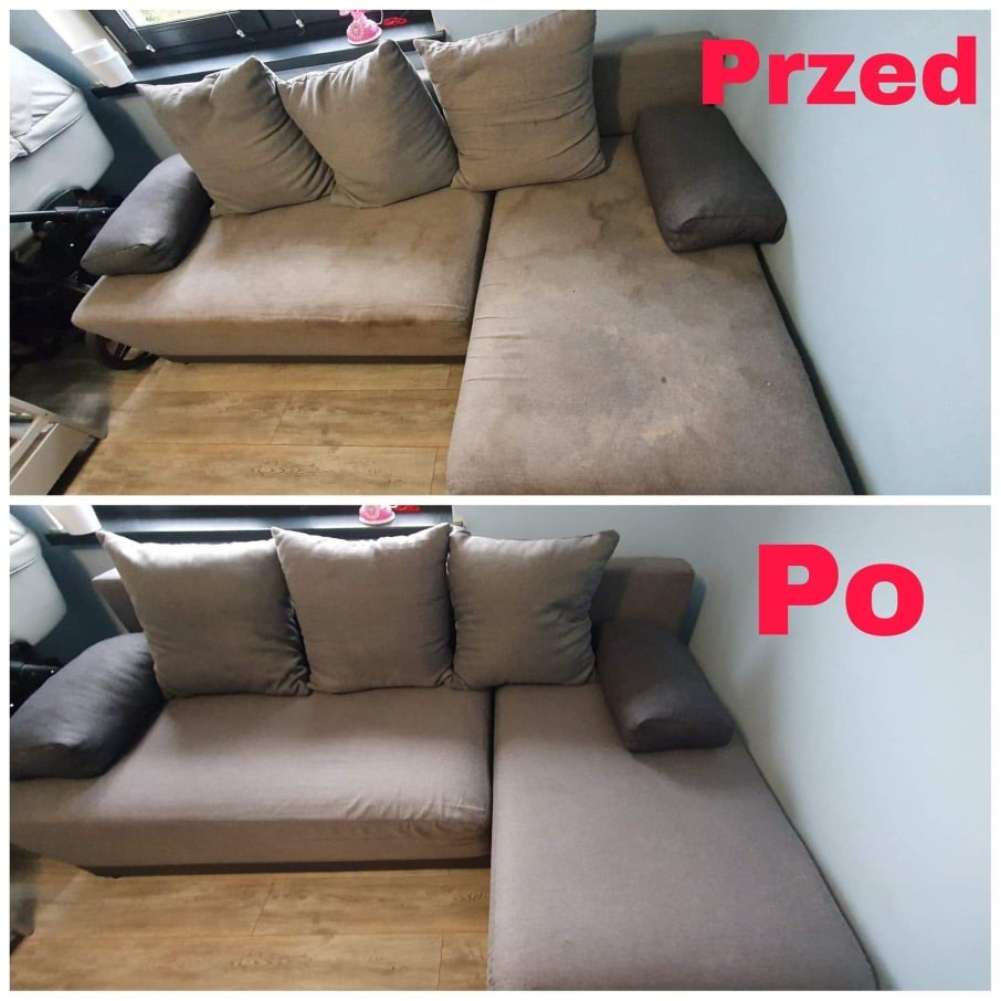 Zdjęcie typu 'przed i po' przedstawia narożnik z szarą tapicerką; górna część pokazuje widoczne plamy i zabrudzenia na siedzisku, dolna część ukazuje ten sam narożnik po czyszczeniu, z odświeżonym...