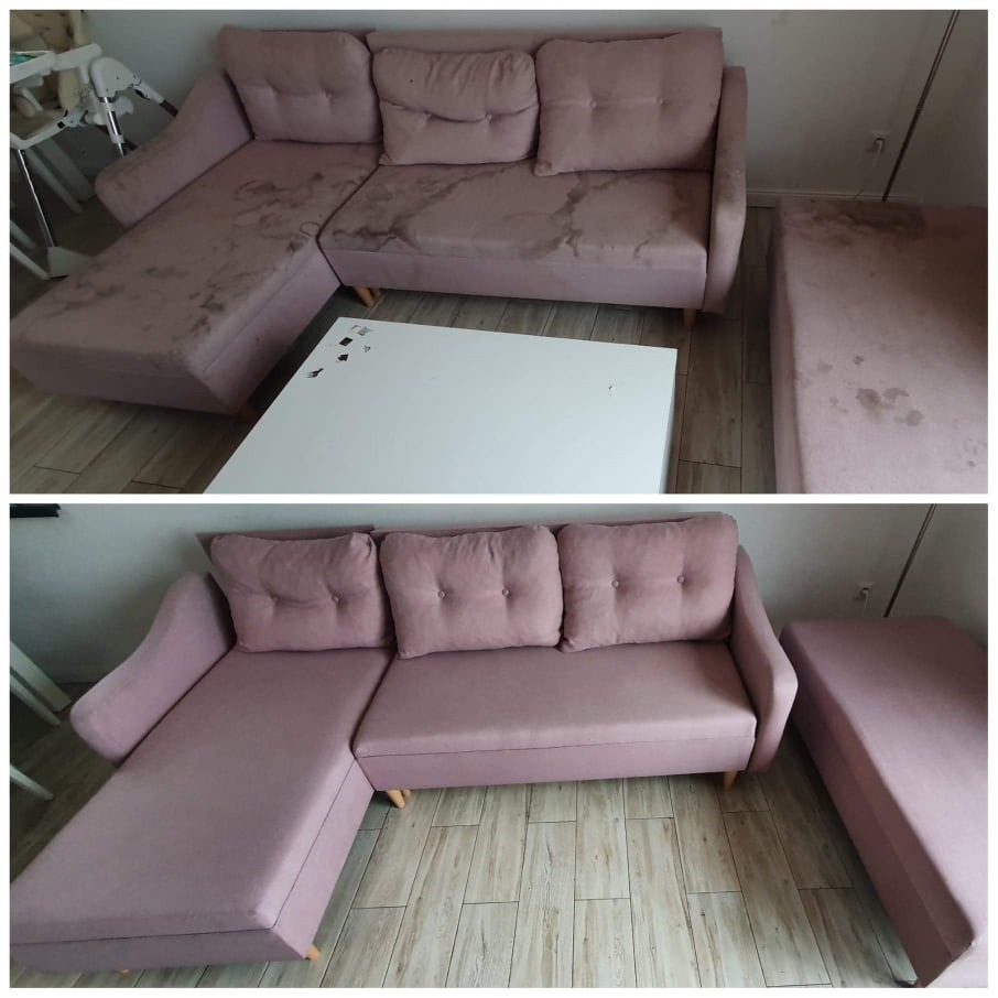 Zdjęcie przedstawia różową sofę modułową z widocznymi plamami przed i po czyszczeniu. Górna część zdjęcia ukazuje sofę z wyraźnymi zabrudzeniami na siedzisku i poduszkach, natomiast dolna część...