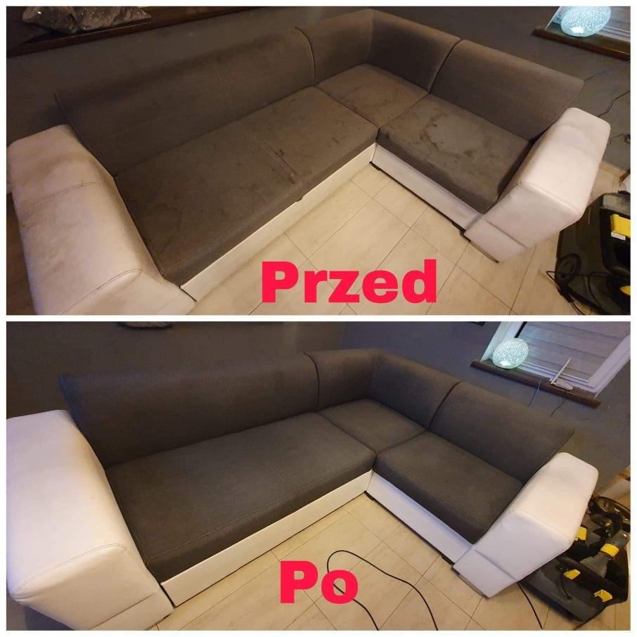 Narożnik z szarą tapicerką i białymi bokami, widok przed i po czyszczeniu, z widocznymi plamami na górnym zdjęciu i czystą tapicerką na dolnym zdjęciu.