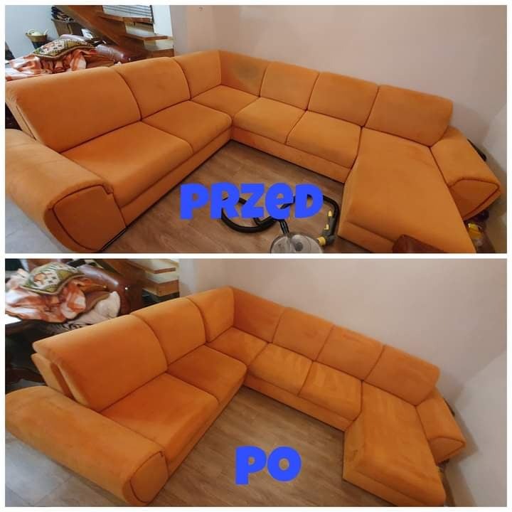 Pomarańczowa sofa narożna przed i po czyszczeniu, widoczne różnice w kolorze i plamy usunięte po zabiegu.