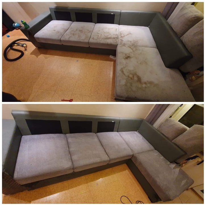 Porównanie narożnika przed i po czyszczeniu: widoczne plamy na jasnoszarej tapicerce przed zabiegiem oraz odświeżony wygląd po nim.