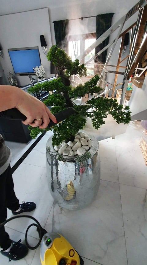 Czyszczenie parowe sztucznego drzewka bonsai w dekoracyjnej, srebrnej donicy z mozaiką lustrzaną; widoczny parownik Karcher i marmurowa podłoga.