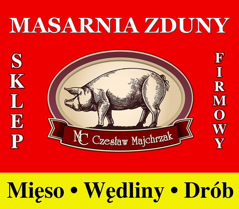 Logo masarni Zduny: czerwone tło, wizerunek świni w owalu, napis 'Sklep Firmowy' pionowo, nazwa właściciela Czesław Majchrzak, żółty dół z napisem 'Mięso • Wędliny • Drób'.