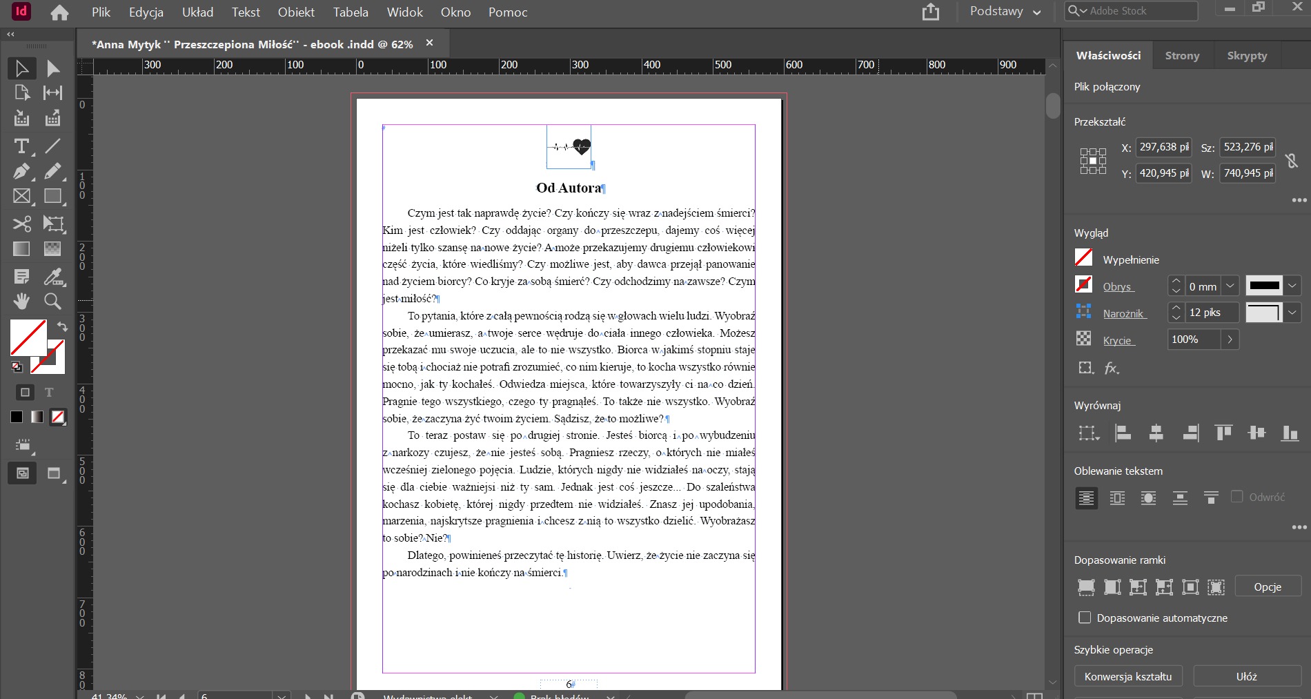 Ekran programu do składu tekstu z otwartym plikiem książki 'Przeszczepiona Miłość' Anny Mytyk. Widoczny fragment tekstu 'Od Autora'.