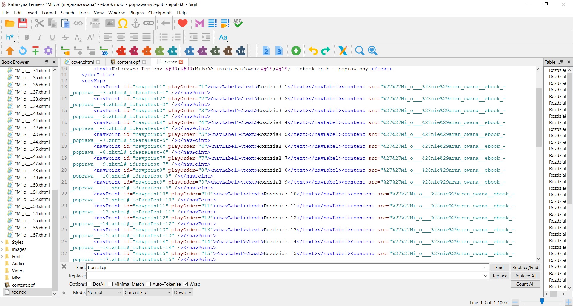 Interfejs edytora tekstu z otwartym plikiem XML książki elektronicznej, widoczne okna przeglądarki plików i tabeli z rozdziałami, paski narzędzi z ikonami formatowania.