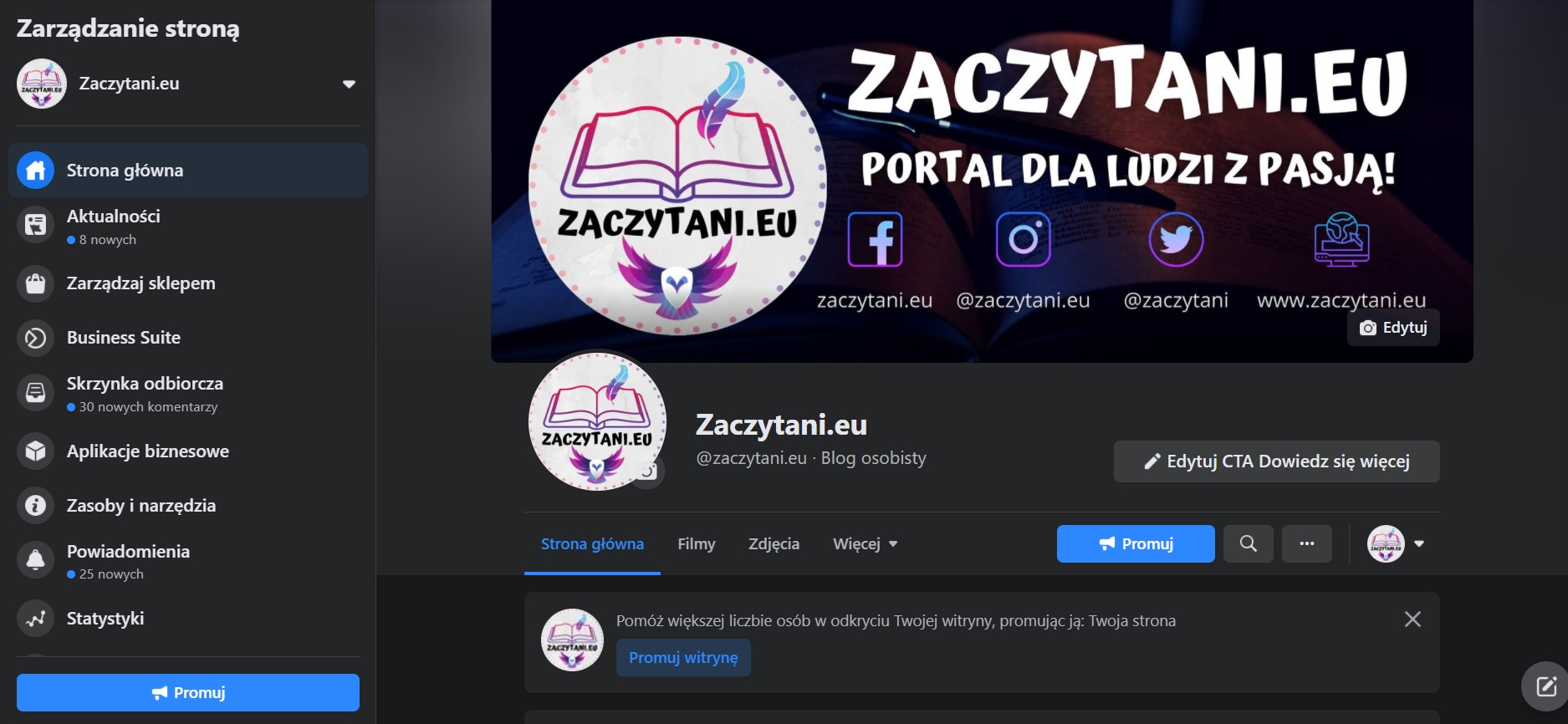 Fanpage zaczytani.eu na Facebooku: logo z otwartą książką i piórem, hasło 'Portal dla ludzi z pasją!', ikony Facebooka, Instagrama i Twittera, adres strony internetowej.