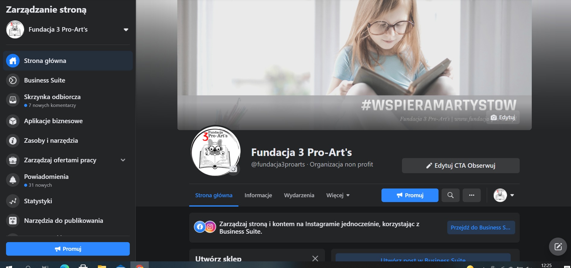Zrzut ekranu profilu Fundacji 3 Pro-Art's na Facebooku, prezentujący logo fundacji z rysunkiem królika czytającego książkę, zdjęcie dziewczynki czytającej książkę i hasło #WSPIERAMARTYSTOW.