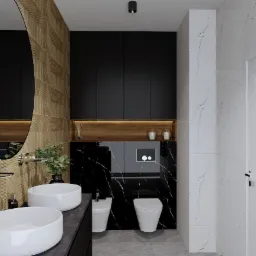 Nowoczesna łazienka z dwoma umywalkami nablatowymi, drewnopodobną okładziną ścienną w jodełkę, czarnymi szafkami wiszącymi, marmurową ścianą z toaletą i bidetem oraz owalnym lustrem.