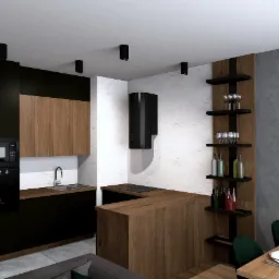 Wizualizacja nowoczesnej kuchni z czarnymi i drewnianymi szafkami, wyspą kuchenną z płyta grzewczą, czarnym okapem, półkami na wino i jadalnią z drewnianym stołem oraz lampami wiszącymi.