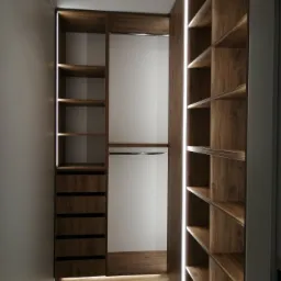 Wnętrze garderoby z drewnianymi półkami i szufladami, oświetlonymi paskami LED, widok z perspektywy wejścia.